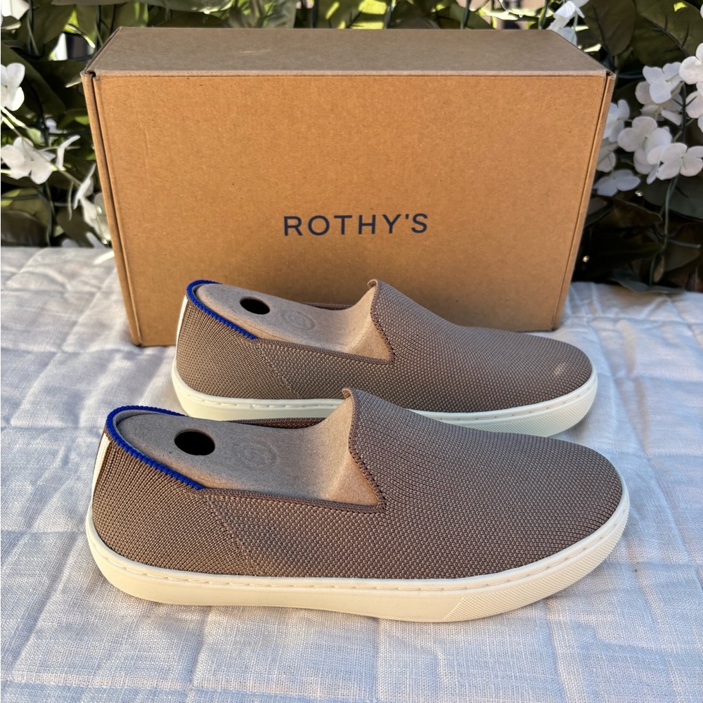 Rothy's Taupe Knit Slip-On Sneakers with Blue Heel Accent - Picture 2 of 7